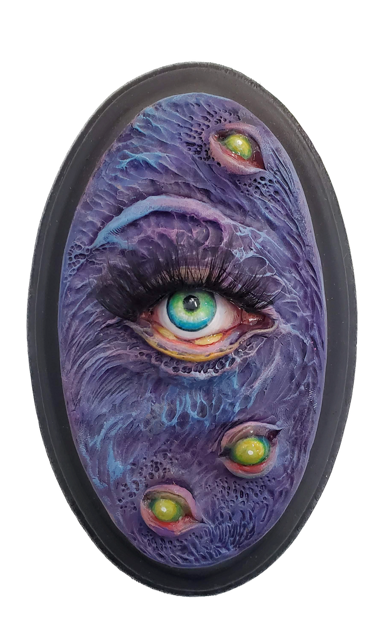 Eye Spy 2, 2023 Acrylic + polymer clay on wood 3 x 5 x 2 in SOLD