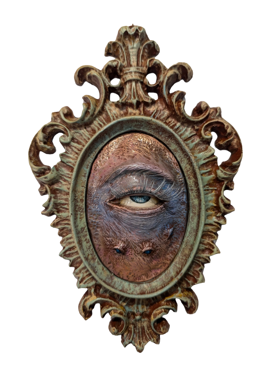 The Seer, 2024 Acrylic, polymer clay + refurbished vintage frame 9 x 6 x 1 in Available; inquire within