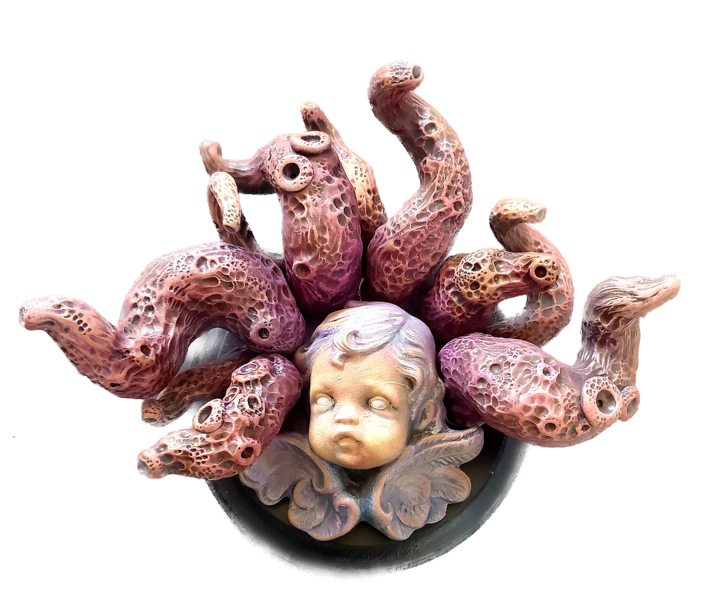 Dream Catcher, 2023 Acrylic, polymer clay + found objects on wood 7 x 7 x 4 in Available; inquire within