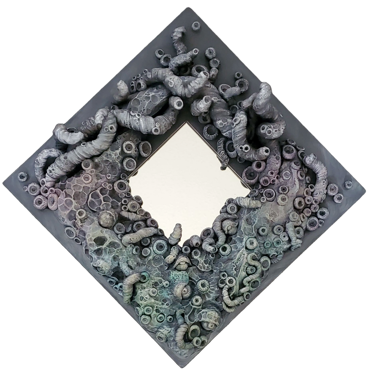 Hello Darkness, My Old Friend, 2023 Acrylic + polymer clay on wood, mirror inset 10 x 10 x 2 in Available; inquire within