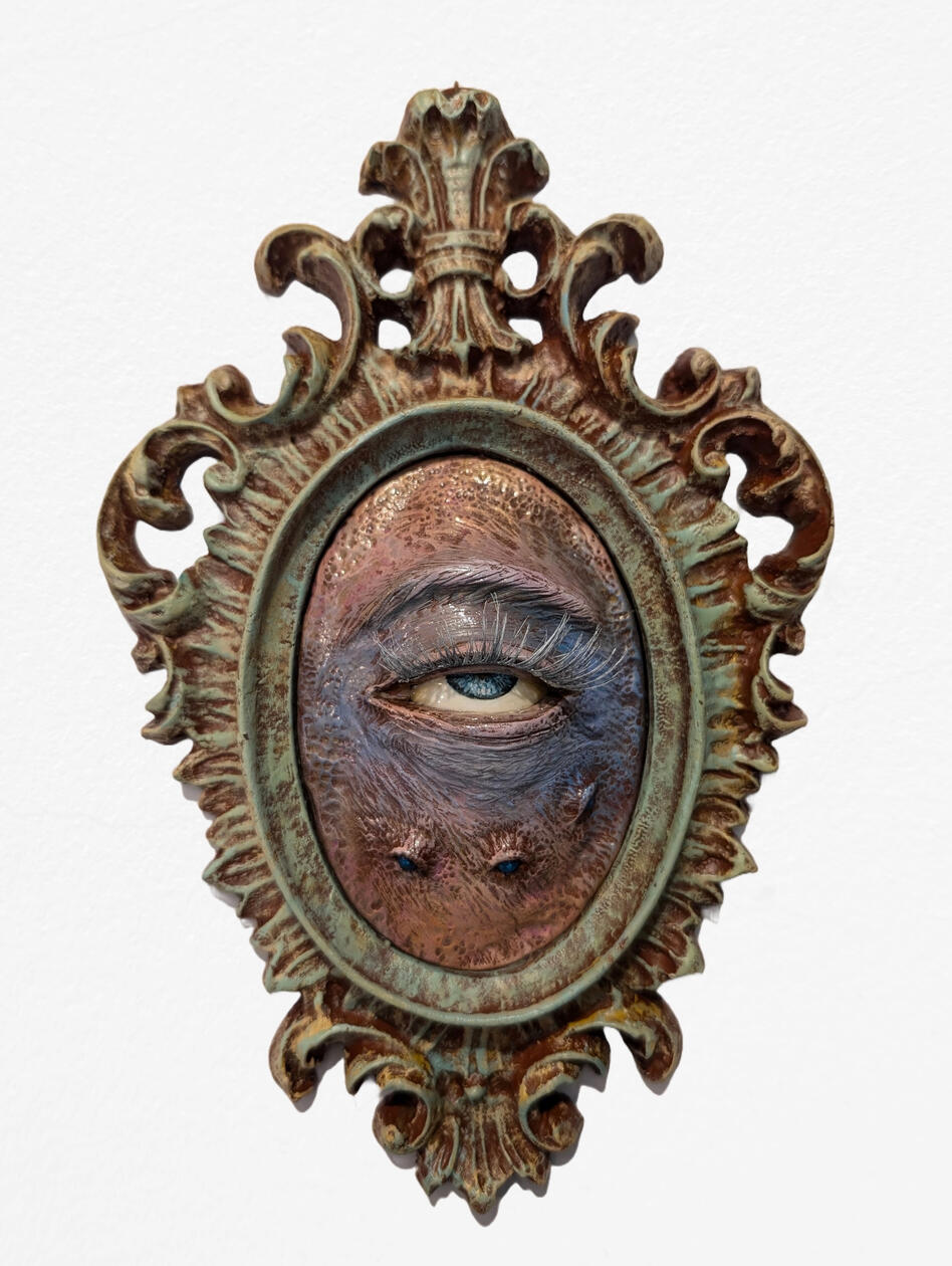 The Seer, 2024 Acrylic, polymer clay + refurbished vintage frame 9 x 6 x 1 in Available; inquire within