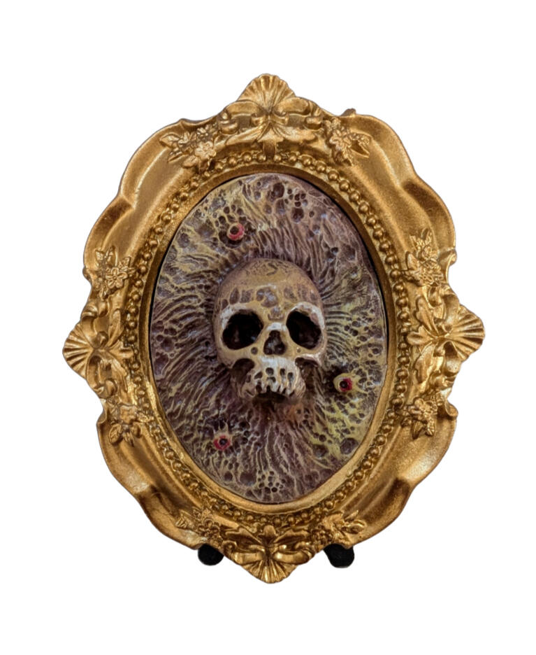 Memento Mori, 2024 Acrylic + polymer clay, framed 5 x 4 x 1 in SOLD