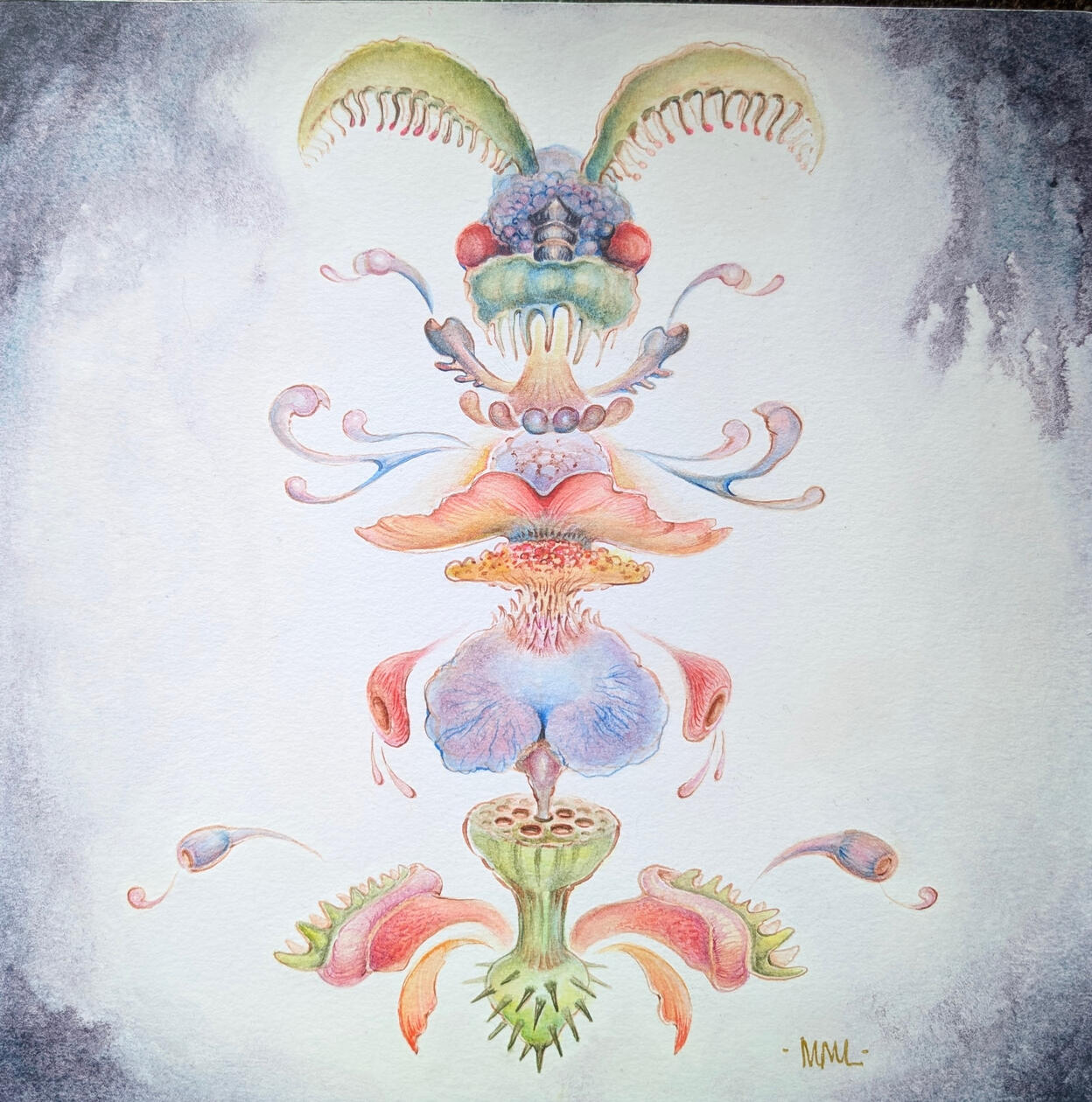 Tentationis, 2026 Watercolor on paper + cradled wood panel 10 x 10 in Available; inquire within