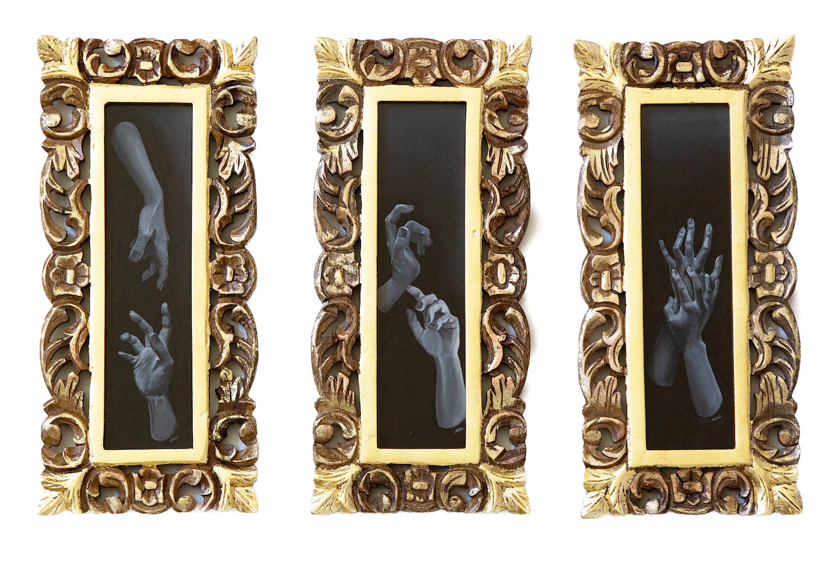 Talking Hands [Triptych], 2020 Acrylic on masonite panel, framed 17 x 8 in, each Available; inquire within