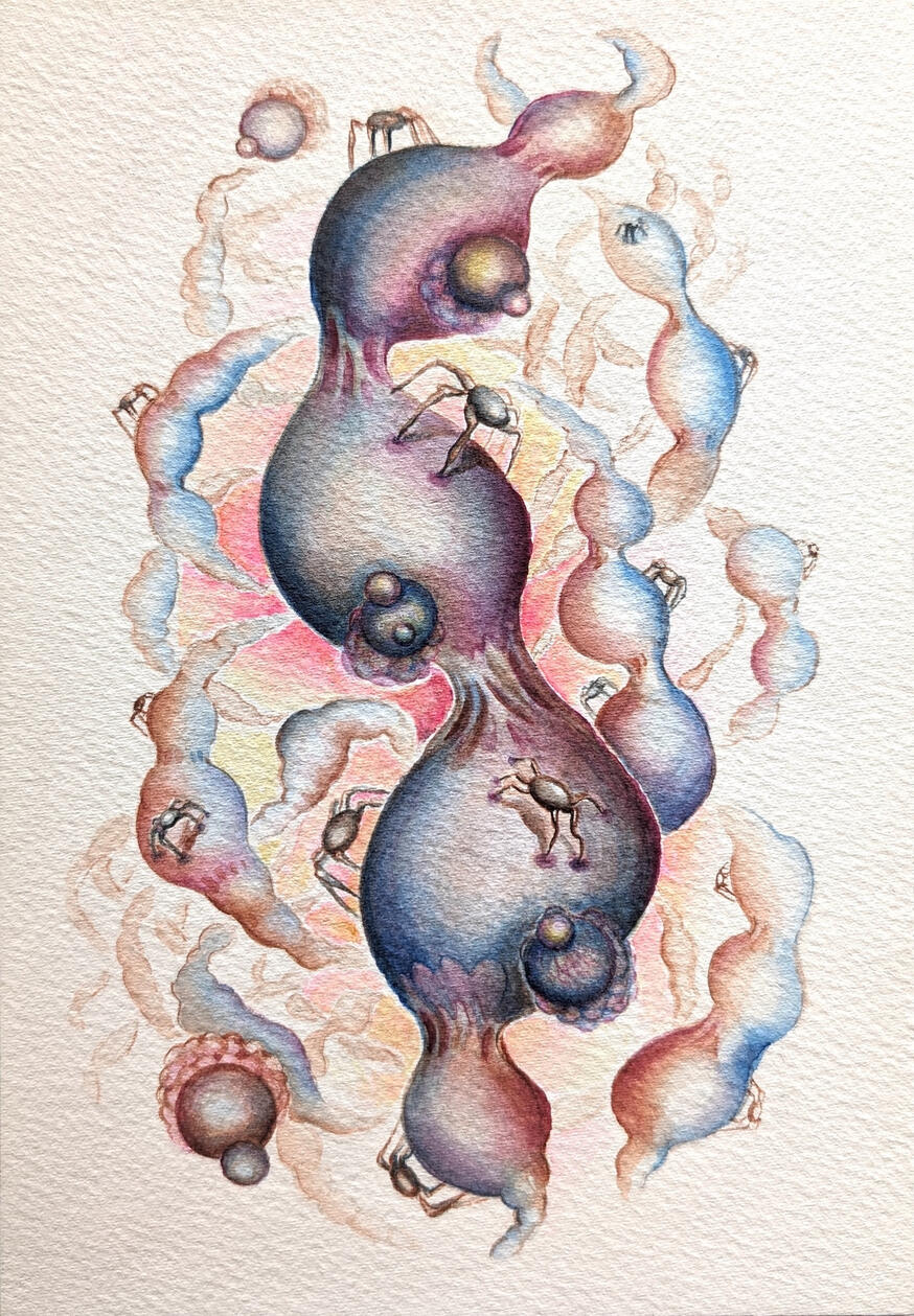 Hitchhikers, 2024 Watercolor on paper 7 x 5 in Available; inquire within