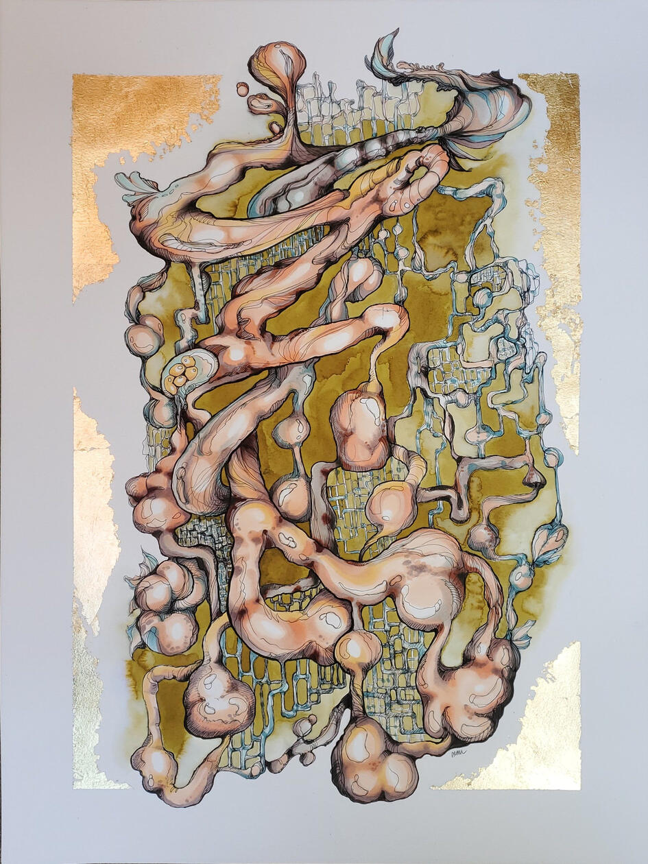 Nowhere To Run, Nowhere to Hide, 2021 Ink + metal leaf on paper 24 x 18 in Available; inquire within