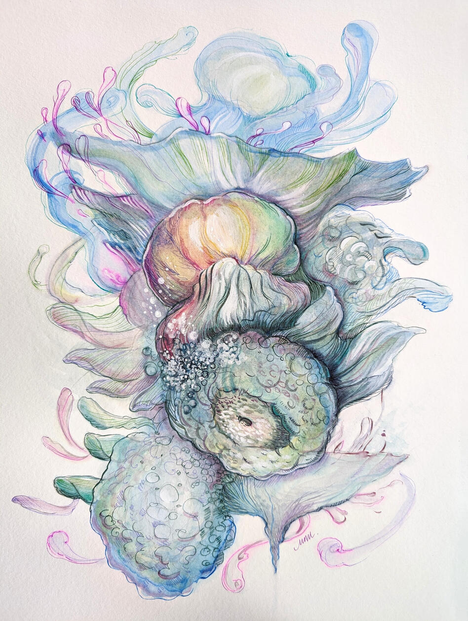 Caught In The Undertow, 2023 Acrylic + watercolor on paper 15 x 11 in Available; inquire within