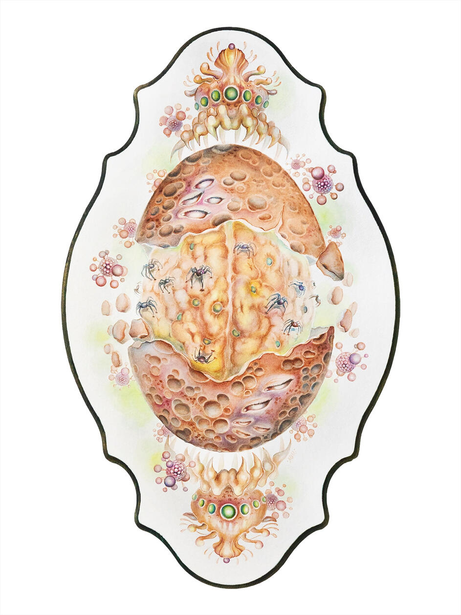 Inception, 2024 Watercolor on paper + wood panel 20 x 12 x 1 in Available; inquire within