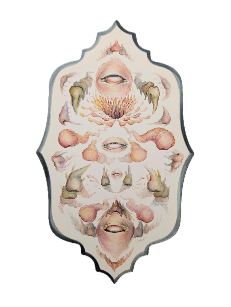 Greater Than The Sum, 2024 Watercolor on paper + wood panel 12 x 7 x 1 in Available; inquire within