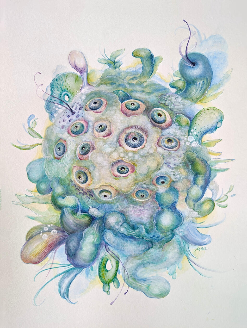 Microclimates, 2023 Acrylic + watercolor on paper 15 x 11 in Available; inquire within