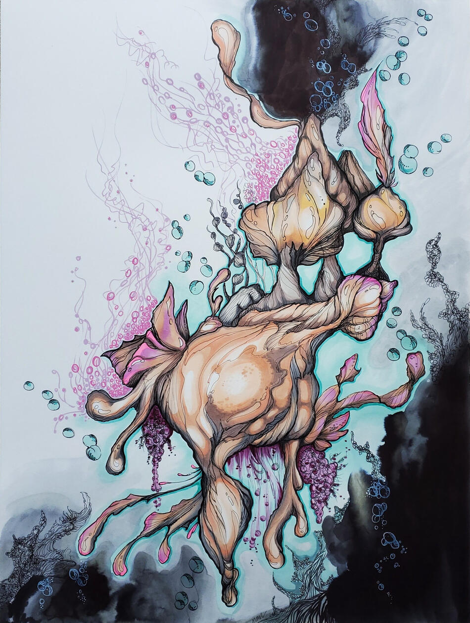 Implosion, 2021 Acrylic + ink on paper 24 x 18 in Available; inquire within